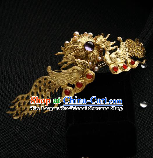Chinese Ancient Tang Dynasty Queen Golden Phoenix Hair Comb Hairpins Traditional Hanfu Hair Accessories for Women