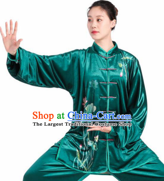 Chinese Traditional Tang Suit Green Velvet Clothing Martial Arts Tai Chi Competition Costume for Women
