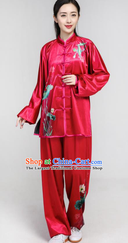 Chinese Traditional Tang Suit Rosy Velvet Clothing Martial Arts Tai Chi Competition Costume for Women