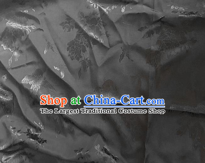 Traditional Chinese Royal Peacock Peony Pattern Design Black Brocade Silk Fabric Asian Satin Material