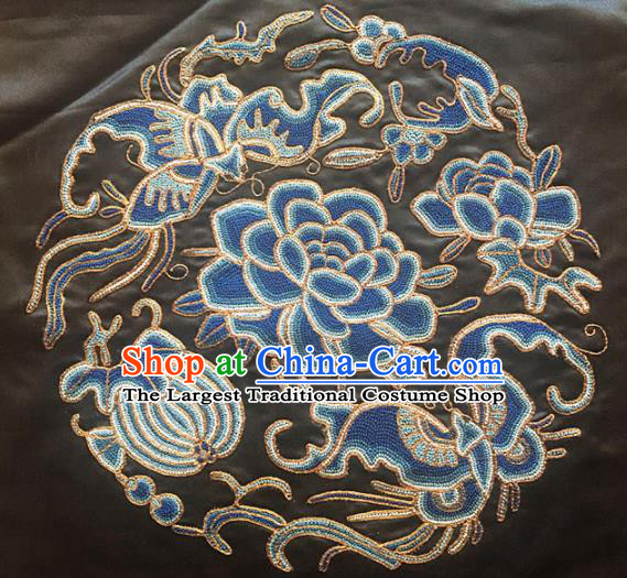 Chinese Handmade Embroidered Blue Peony Silk Fabric Patch Traditional Embroidery Craft