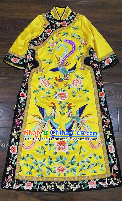 Chinese Traditional Tang Suit Embroidered Phoenix Peony Yellow Cheongsam National Costume Qipao Dress for Women