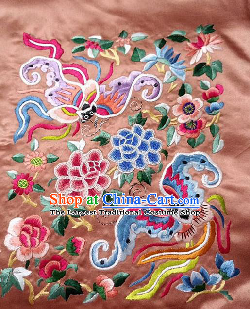 Chinese Handmade Embroidered Phoenix Peony Pink Silk Fabric Patch Traditional Embroidery Craft