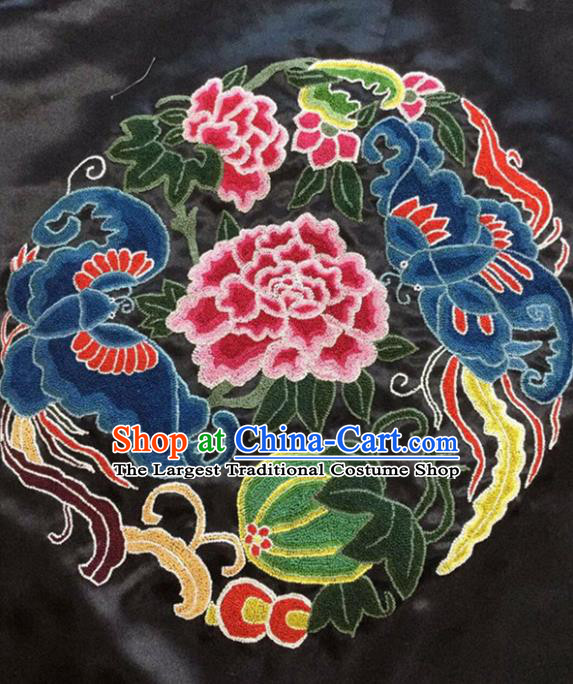 Chinese Handmade Embroidered Red Peony Butterfly Silk Fabric Patch Traditional Embroidery Craft