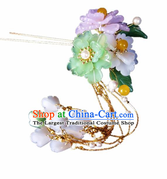 Chinese Ancient Hanfu Peach Flowers Tassel Hairpins Traditional Handmade Hair Accessories for Women