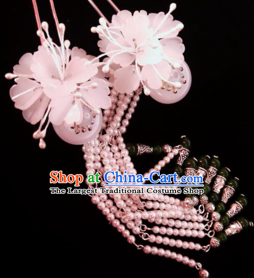 Chinese Ancient Hanfu Pink Beads Tassel Hairpins Traditional Handmade Hair Accessories for Women