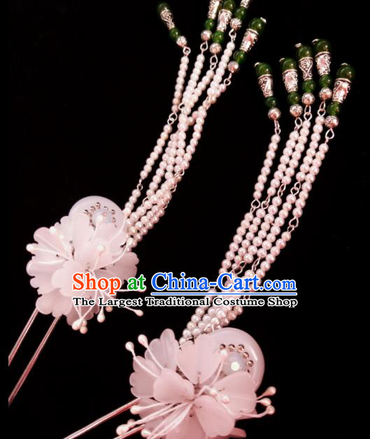 Chinese Ancient Hanfu Pink Beads Tassel Hairpins Traditional Handmade Hair Accessories for Women