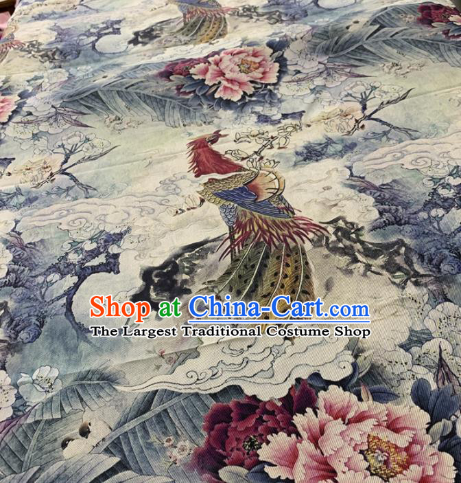 Traditional Chinese Royal Phoenix Peony Pattern Design White Brocade Silk Fabric Asian Satin Material