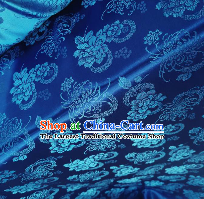 Traditional Chinese Royal Chrysanthemum Peony Pattern Design Royalblue Brocade Silk Fabric Asian Satin Material