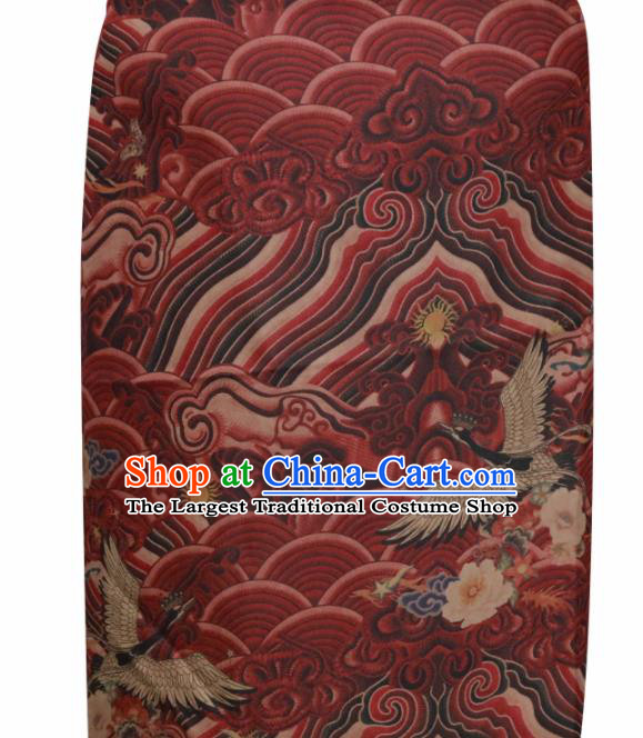 Chinese Traditional Wave Crane Pattern Design Red Satin Brocade Fabric Asian Silk Material