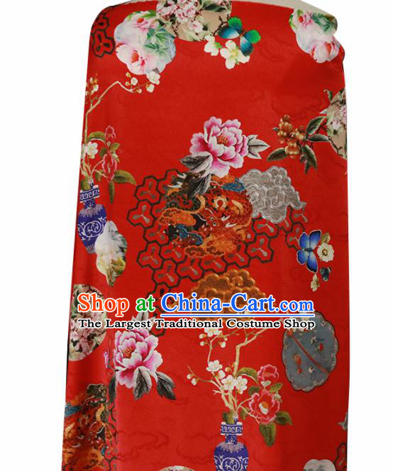 Chinese Traditional Peony Pattern Design Wedding Red Satin Brocade Fabric Asian Silk Material