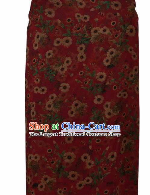 Chinese Traditional Daisy Pattern Design Cheongsam Wine Red Satin Brocade Fabric Asian Silk Material