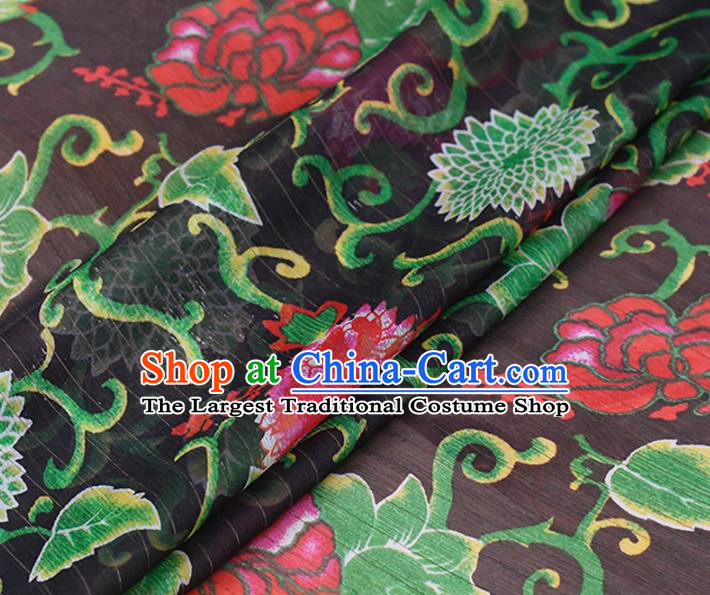 Chinese Traditional Lotus Peony Pattern Design Cheongsam Black Satin Brocade Fabric Asian Silk Material