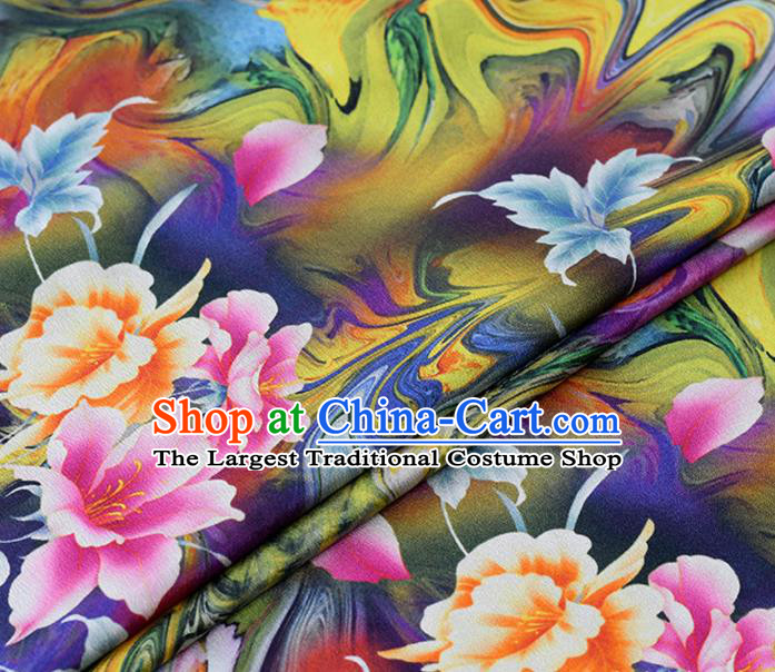 Chinese Traditional Flowers Pattern Design Cheongsam Deep Blue Satin Brocade Fabric Asian Silk Material