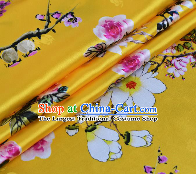 Chinese Traditional Plum Blossom Pattern Design Cheongsam Yellow Satin Brocade Fabric Asian Silk Material