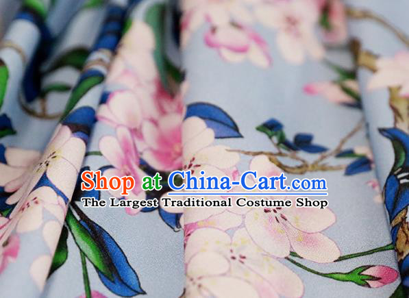 Chinese Traditional Peach Blossom Pattern Design Light Blue Satin Brocade Fabric Asian Silk Material