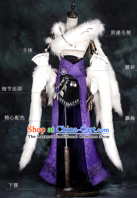 Chinese Ancient Cosplay Heroine Female Assassin Purple Dress Traditional Hanfu Swordsman Costume for Women