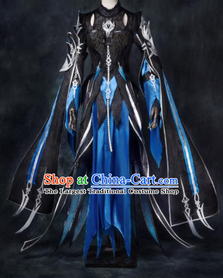 Chinese Ancient Cosplay Heroine Blue Armor Female Knight Dress Traditional Hanfu Swordsman Costume for Women