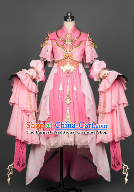 Chinese Ancient Cosplay Fairy Female Knight Heroine Pink Dress Traditional Hanfu Princess Swordsman Costume for Women