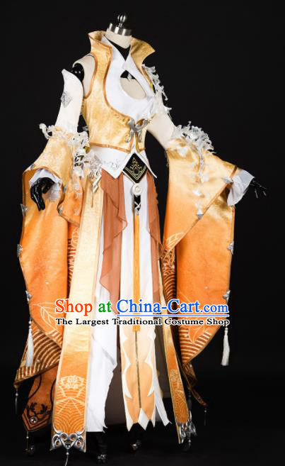 Chinese Ancient Cosplay Fairy Female Knight Heroine Yellow Dress Traditional Hanfu Princess Swordsman Costume for Women