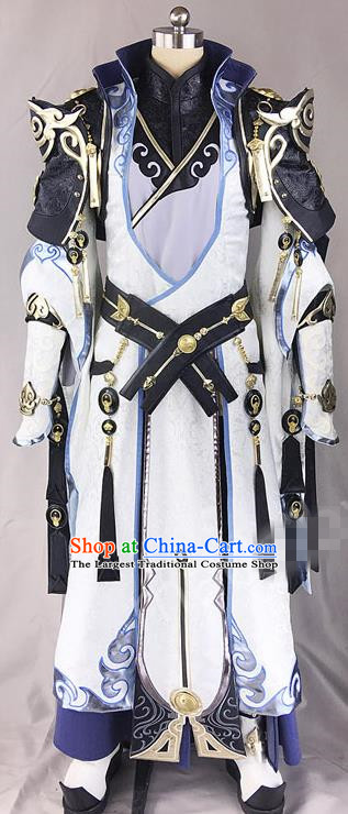 Chinese Ancient Drama Cosplay Royal Highness White Clothing Traditional Hanfu Swordsman Costume for Men