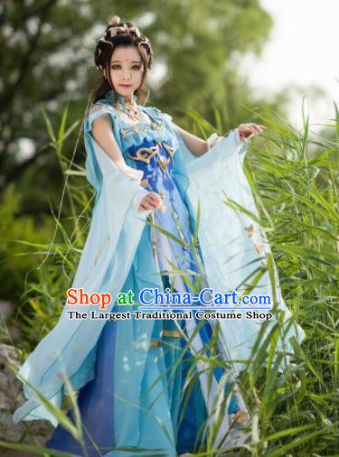 Chinese Ancient Cosplay Fairy Princess Blue Dress Traditional Hanfu Female Knight Swordsman Costume for Women