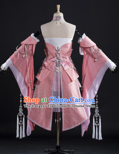 Chinese Ancient Cosplay Fairy Princess Pink Short Dress Traditional Hanfu Female Knight Swordsman Costume for Women