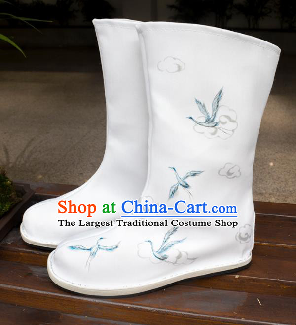 Asian Chinese Ancient Swordsman Printing Cranes White Boots Taoist Priest Shoes Traditional Hanfu Shoes for Men