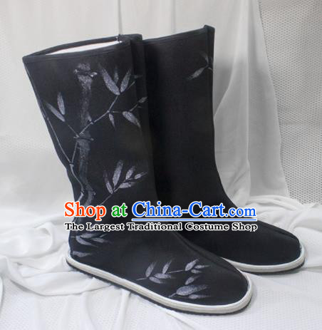 Asian Chinese Ancient Swordsman Printing Bamboo Black Boots Taoist Priest Shoes Traditional Hanfu Shoes for Men