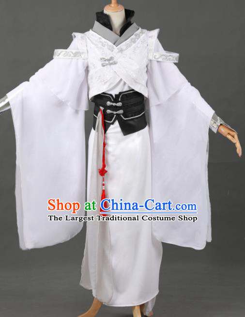 Chinese Ancient Drama Cosplay Young Knight Royal Prince White Clothing Traditional Hanfu Swordsman Costume for Men