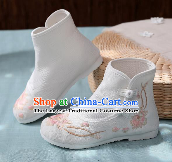 Asian Chinese Traditional Embroidered Lotus White Boots Hanfu Shoes National Cloth Shoes for Women