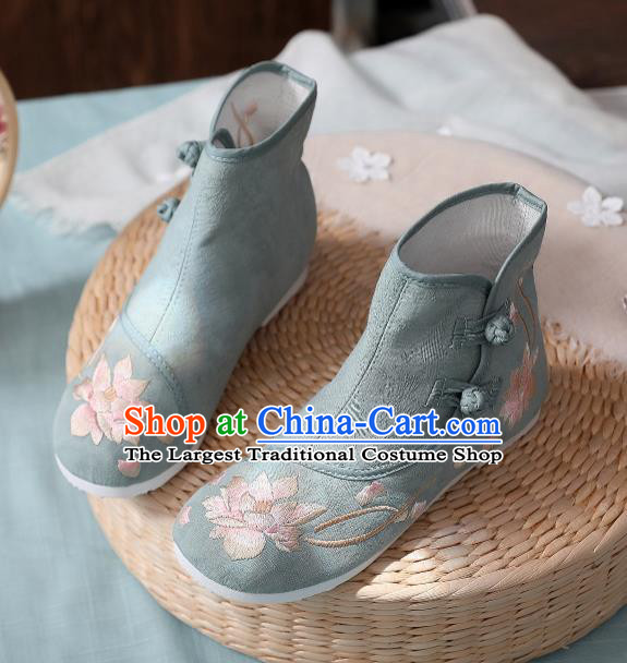 Asian Chinese Traditional Embroidered Lotus Green Boots Hanfu Shoes National Cloth Shoes for Women