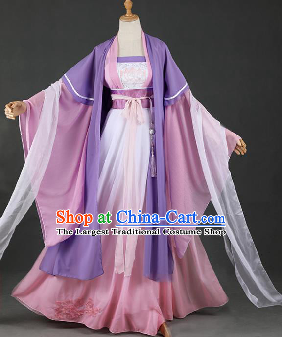 Chinese Ancient Cosplay Court Princess Purple Dress Traditional Hanfu Swordsman Costume for Women