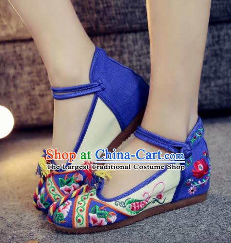 Asian Chinese Traditional Ethnic Dance Royalblue Embroidered Shoes Hanfu Wedding Shoes National Cloth Shoes for Women