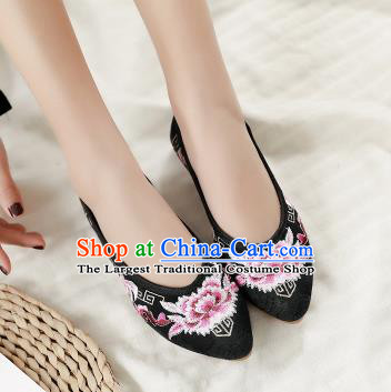 Asian Chinese Classical Dance Embroidered Peony Black Shoes Traditional Hanfu Shoes National Cloth Shoes for Women