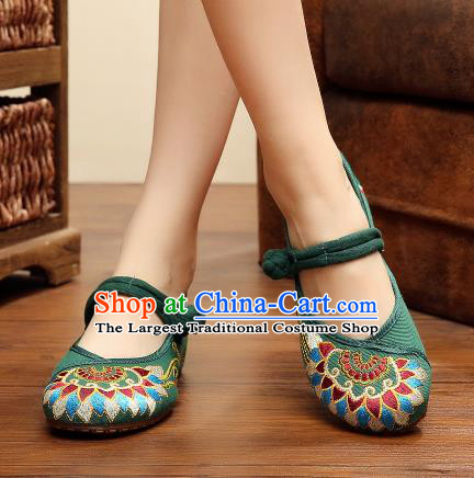 Asian Chinese Classical Dance Atrovirens Embroidered Shoes Traditional Hanfu Shoes National Cloth Shoes for Women