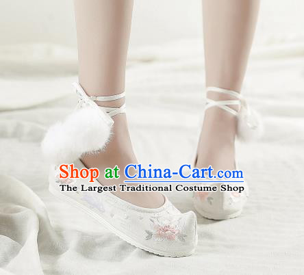 Asian Chinese Classical Dance White Embroidered Shoes Traditional Hanfu Melaleuca End Shoes National Cloth Shoes for Women