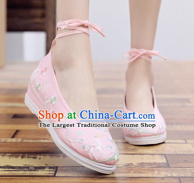 Asian Chinese Classical Dance Embroidered Deer Pink Shoes Traditional Hanfu Shoes National Cloth Shoes for Women