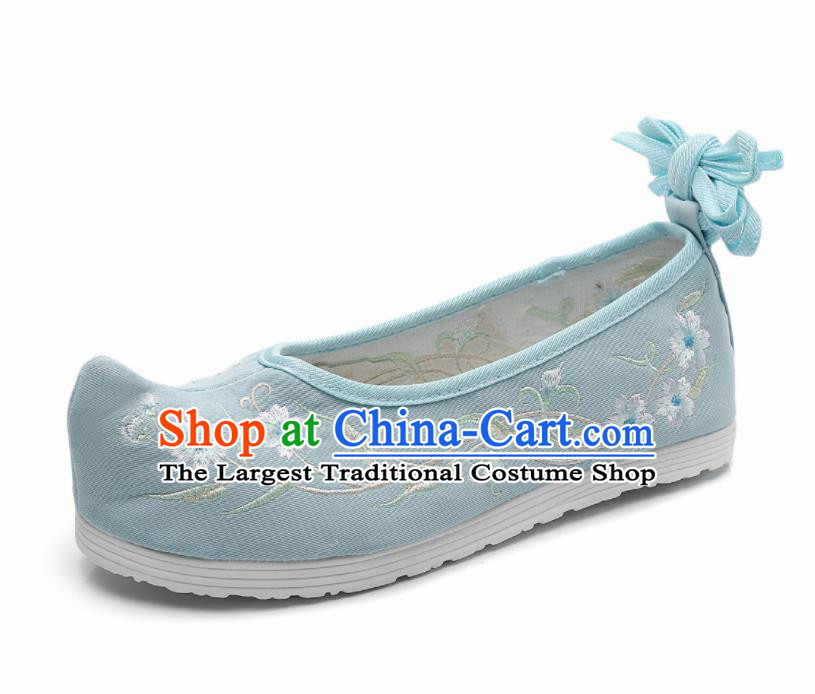 Asian Chinese Traditional Embroidered Frangipani Light Blue Shoes Hanfu Shoes National Cloth Shoes for Women