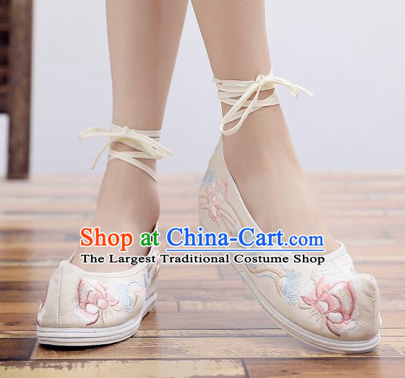 Asian Chinese National Beige Embroidered Peony Shoes Dance Cloth Shoes Traditional Hanfu Shoes for Women