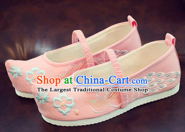 Asian Chinese Traditional Embroidered Peacock Pink Shoes Hanfu Shoes National Cloth Shoes for Kids