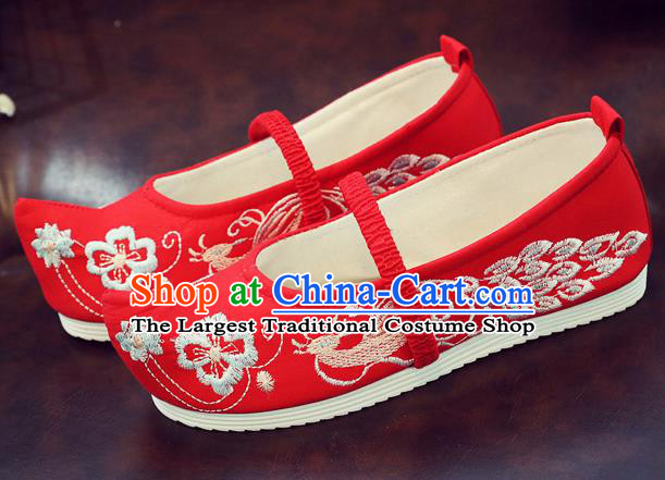 Asian Chinese Traditional Embroidered Peacock Red Shoes Hanfu Shoes National Cloth Shoes for Kids