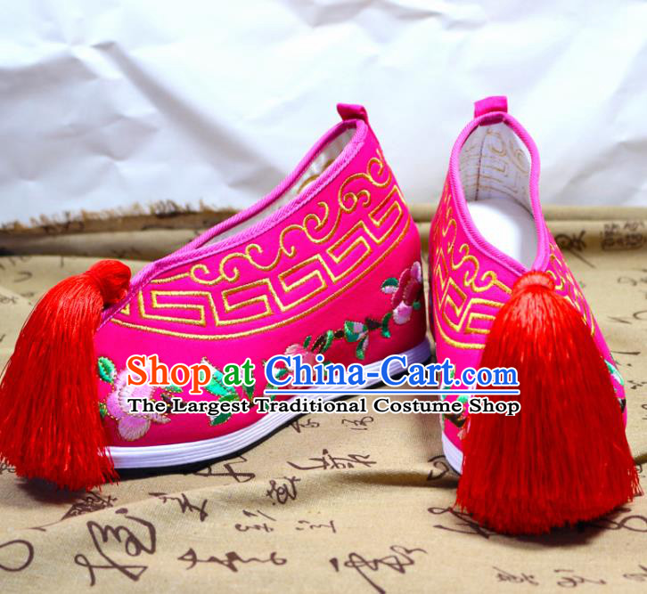 Asian Chinese Traditional Beijing Opera Rosy Embroidered Shoes Ancient Princess Shoes Hanfu Shoes for Women