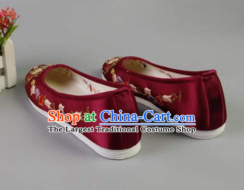 Asian Chinese Traditional Wine Red Satin Shoes Ancient Princess Embroidered Shoes Hanfu Shoes for Women