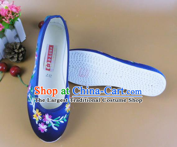 Asian Chinese National Embroidered Daisy Royalblue Shoes Ancient Princess Satin Shoes Traditional Hanfu Shoes for Women