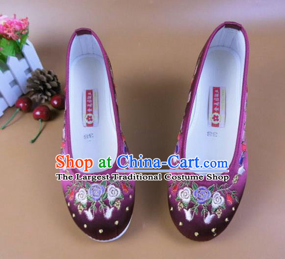 Asian Chinese National Embroidered Flowers Purple Shoes Ancient Princess Satin Shoes Traditional Hanfu Shoes for Women
