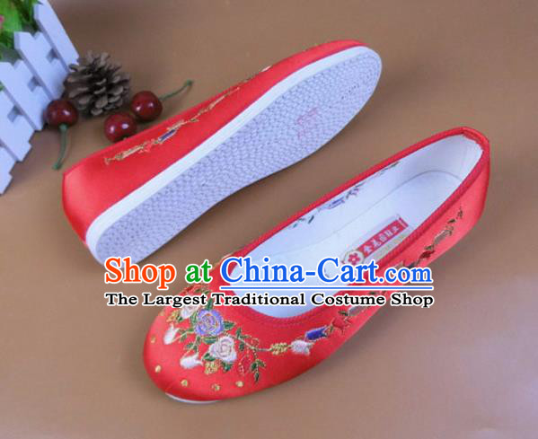 Asian Chinese National Embroidered Flowers Red Shoes Ancient Princess Satin Shoes Traditional Hanfu Shoes for Women