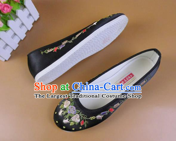 Asian Chinese National Embroidered Flowers Black Shoes Ancient Princess Satin Shoes Traditional Hanfu Shoes for Women