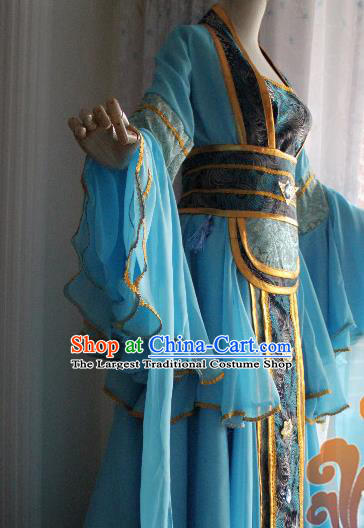 Traditional Chinese Cosplay Fairy Court Maid Blue Dress Ancient Swordswoman Costume for Women