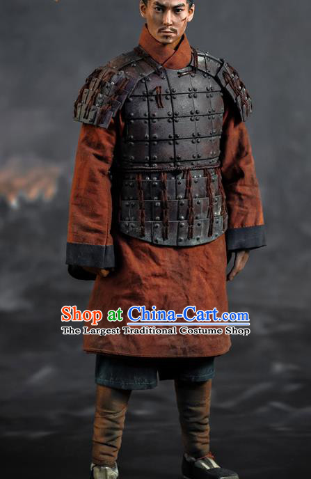Chinese Ancient Soldier Armor and Helmet Traditional Qin Dynasty Military Officer Costumes Complete Set for Men